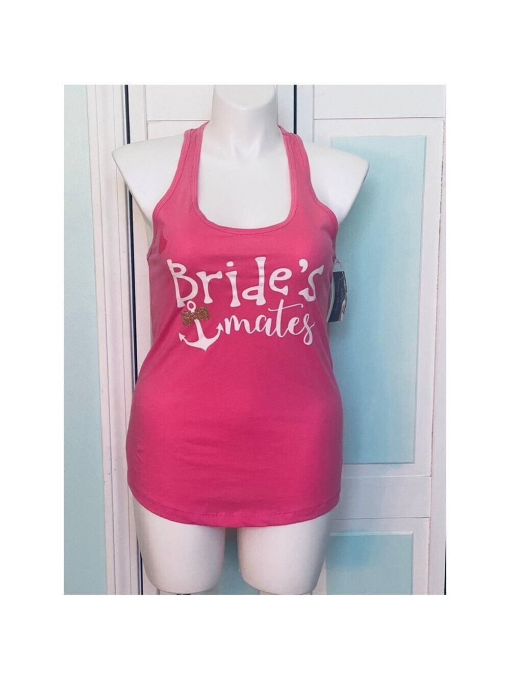 Bridesmaid Tank Top Brides Mates Coral Pink Nautical Anchor Ocean L XL XXL